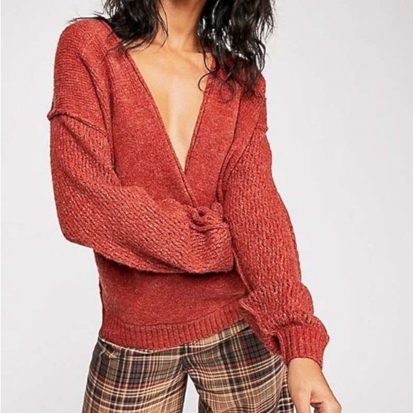 Free People Sweaters - Free People Sz Small Red It’s a Wrap Crossover V-Neck Pullover Sweater Fuzzy